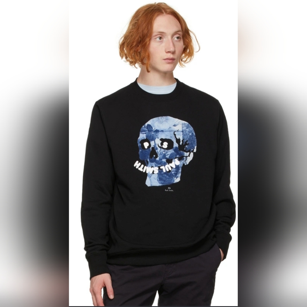 PS Paul Smith Men's Floral Happy Sweatshirt in Black and Blue. Size L